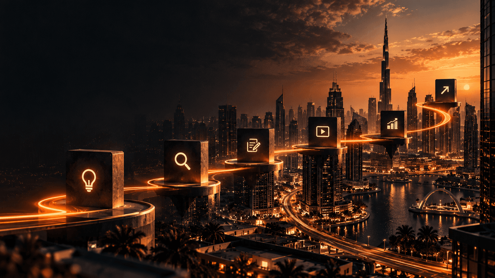 Orange signal path connecting stages of growth across a Dubai cityscape.